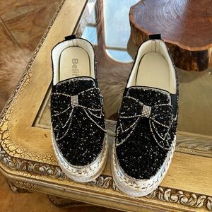 Black Glitter Embellished Loafers